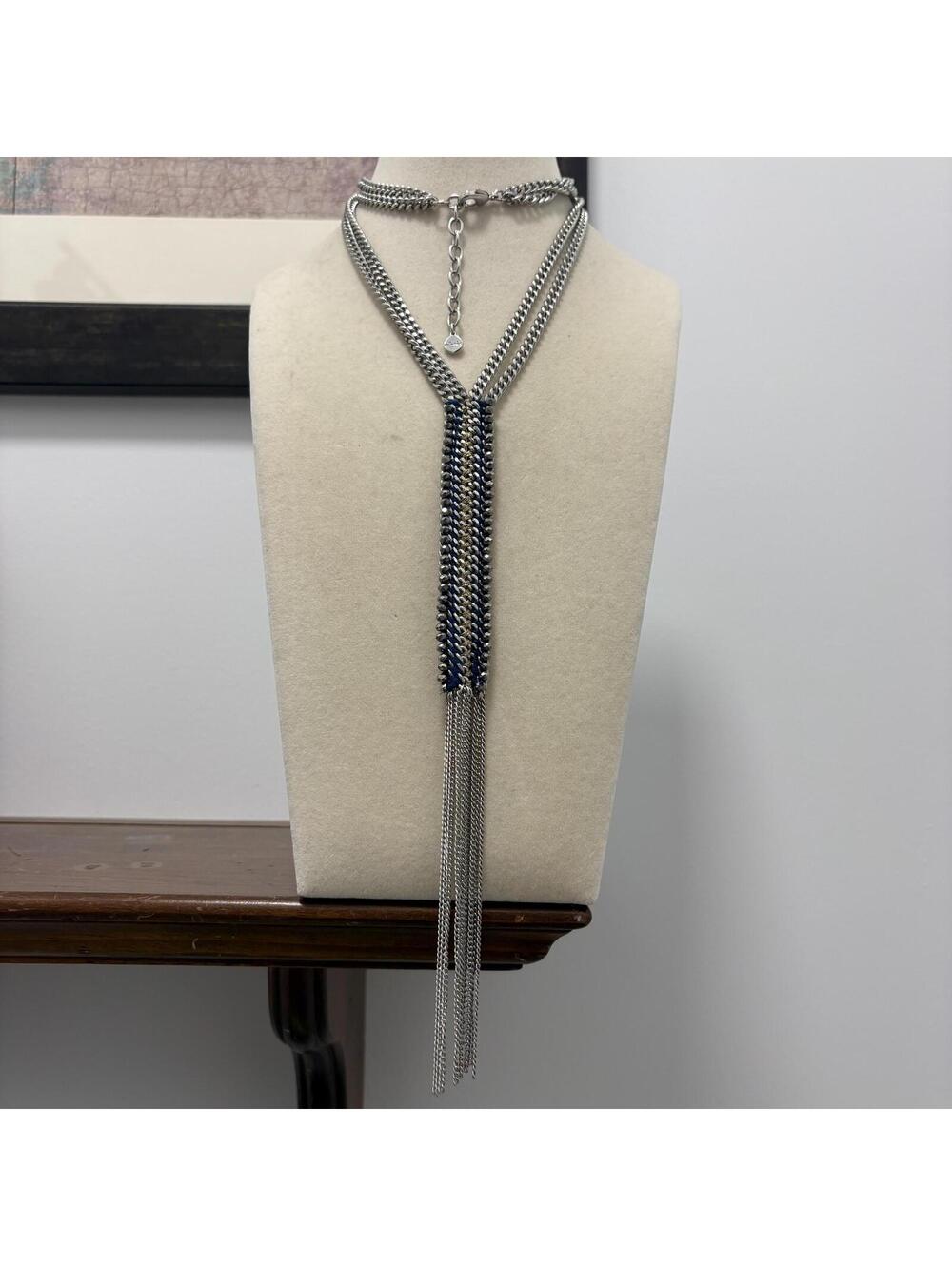 Stella & Dot Tessa Silver Tone Blue Tassel Chain Necklace Lariat Style Fringe